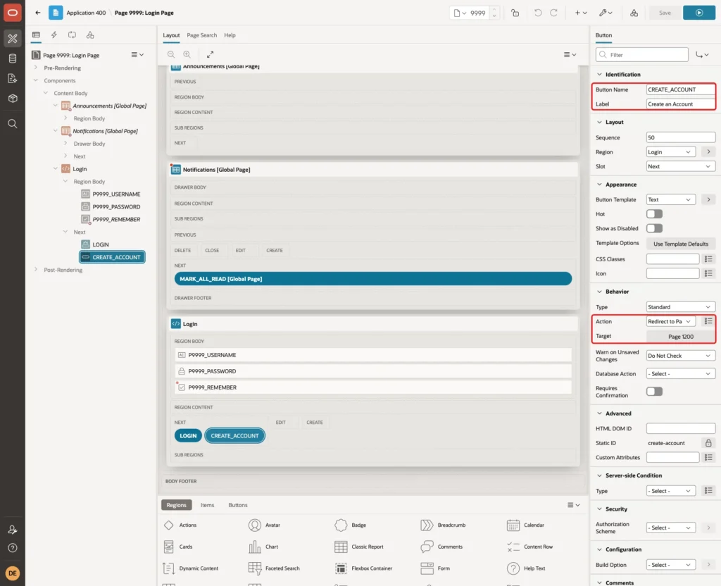Button CREATE_ACCOUNT with the label Create an Account, Action Redirect to Page in this Application and Target Page 1200 marked with red boxes