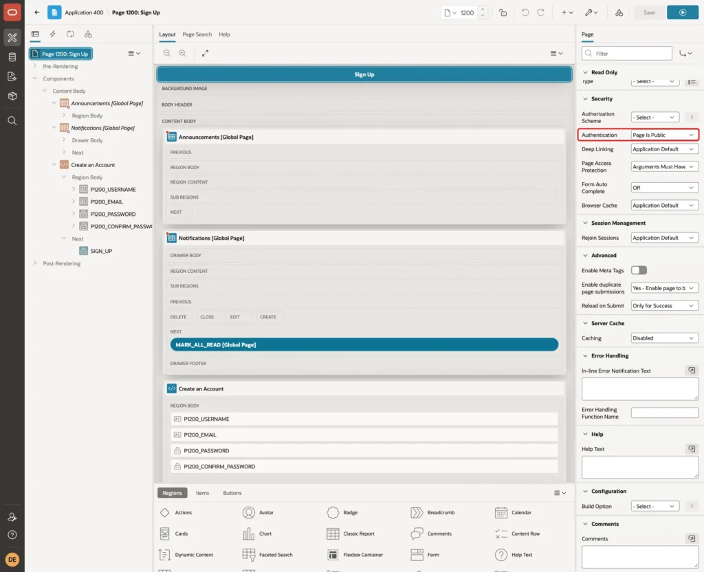 Page Designer with the page property Authentication set to Page Is Public, marked with a red box