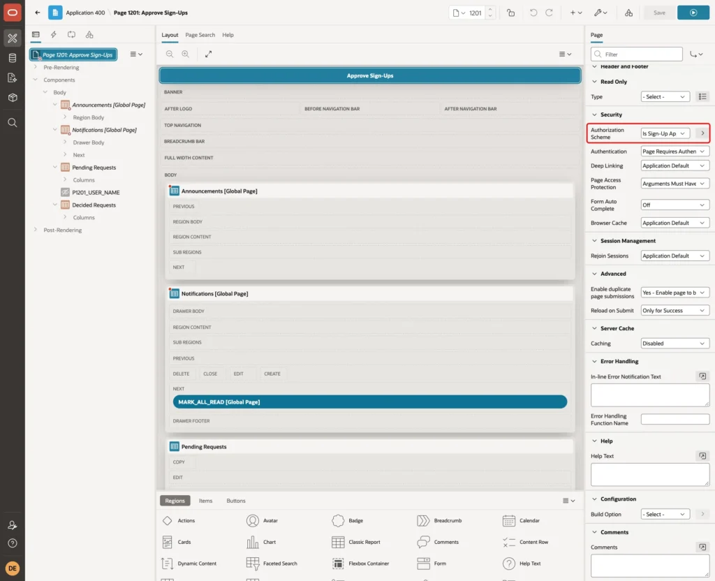 Page Designer with the page property Authorization Scheme set to Is Sign-Up Approver, marked with a red box