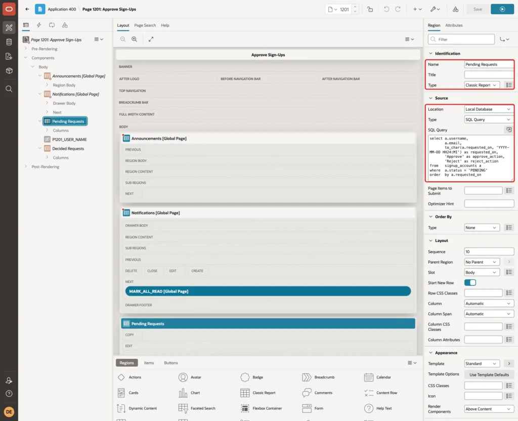 Region Pending Requests with Type Classic Report, Location Local Database, Type SQL Query and the query marked with red boxes