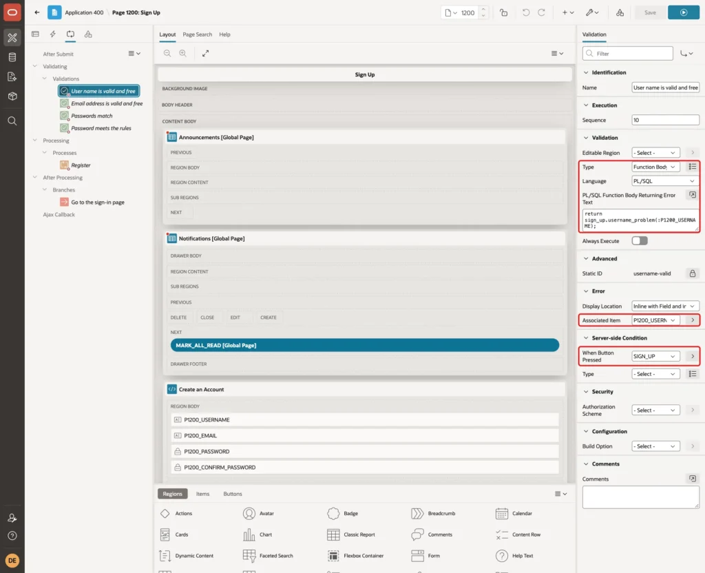 Validation User name is valid and free with Type Function Body, Language PL/SQL, the function body, the associated item and When Button Pressed SIGN_UP marked with red boxes