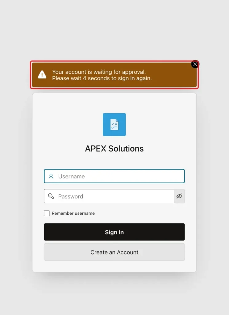 Sign-in page with the message Your account is waiting for approval. marked with a red box