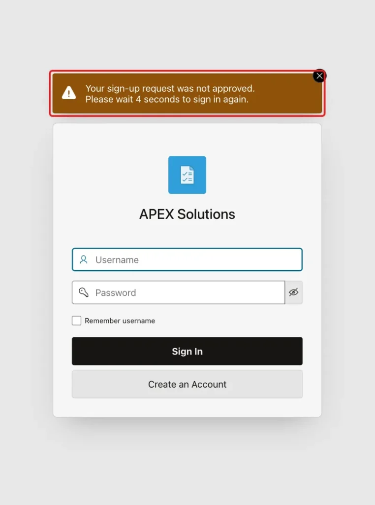 Sign-in page with the message Your sign-up request was not approved. marked with a red box