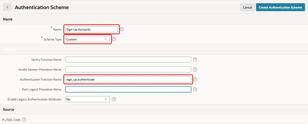 Authentication Scheme page with Name Sign-Up Accounts, Scheme Type Custom and Authentication Function Name sign_up.authenticate marked with red boxes
