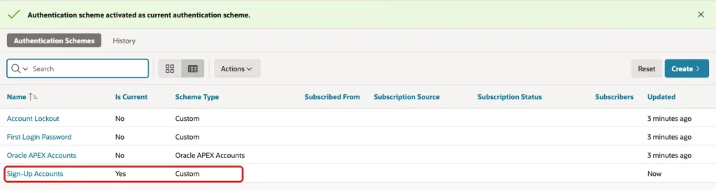 Authentication Schemes list with the Sign-Up Accounts row, Is Current Yes and Scheme Type Custom marked with a red box