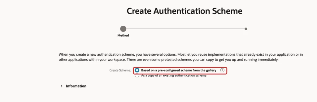 Create Authentication Scheme wizard with the option Based on a pre-configured scheme from the gallery marked with a red box