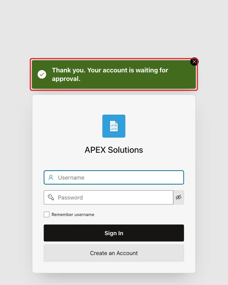 Sign-in page with the message Thank you. Your account is waiting for approval. marked with a red box