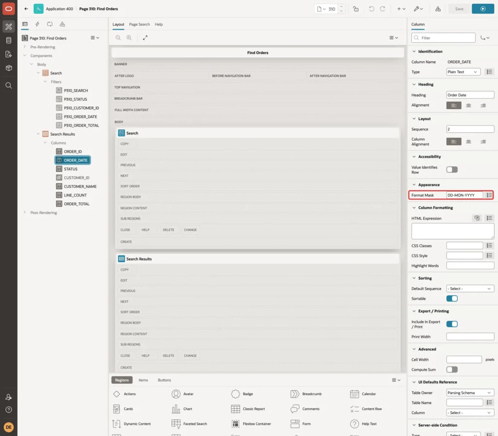 Property Editor of column ORDER_DATE with Format Mask DD-MON-YYYY marked with a red box