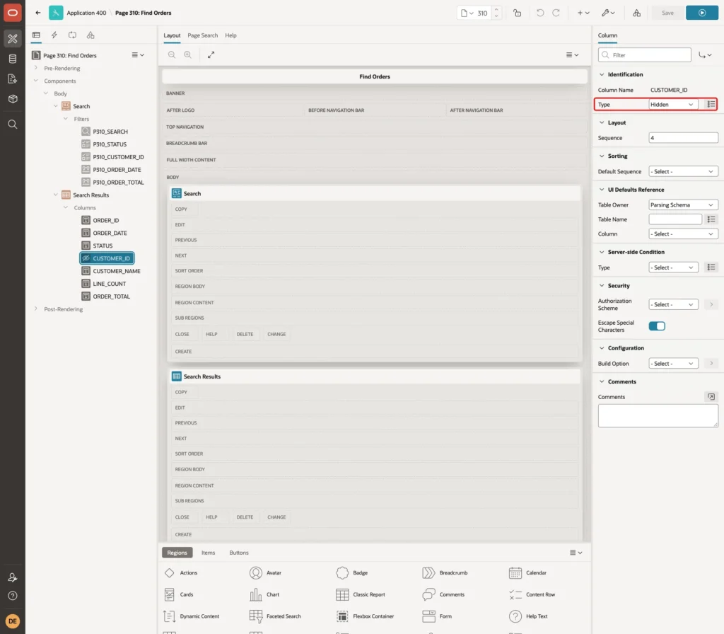 Property Editor of column CUSTOMER_ID with Type Hidden marked with a red box