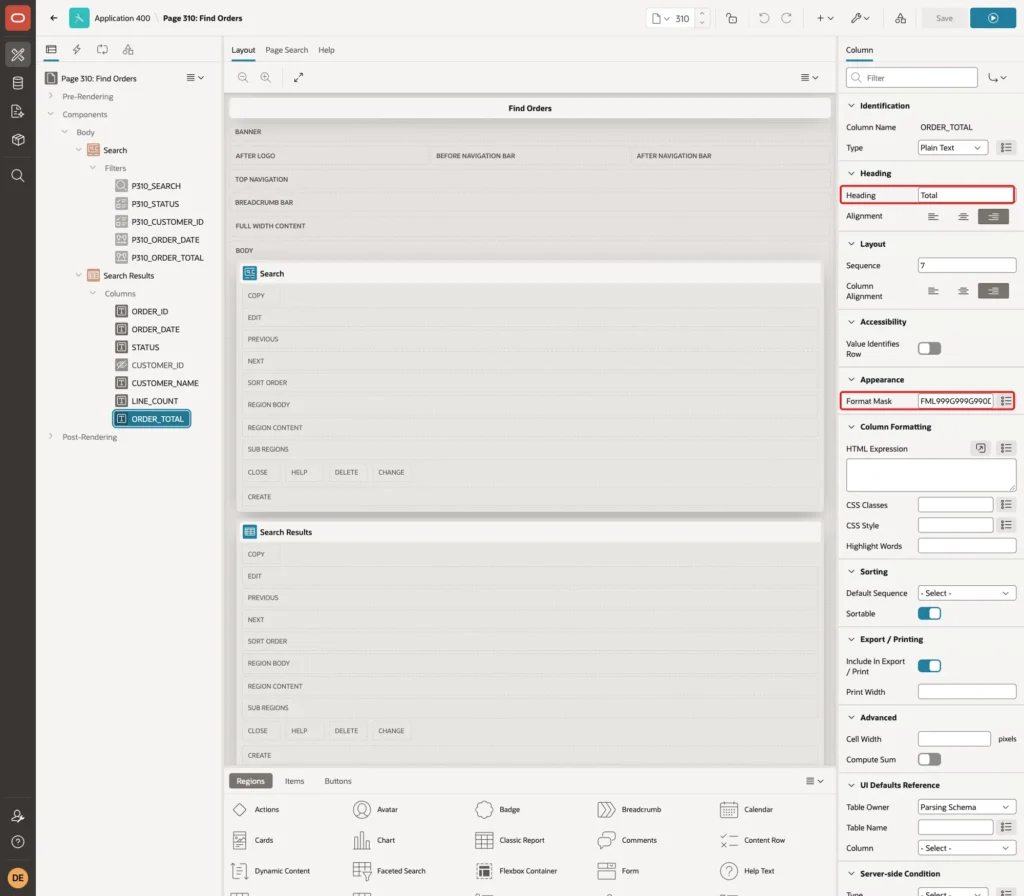 Property Editor of column ORDER_TOTAL with Heading Total and Format Mask FML999G999G990D00 marked with red boxes