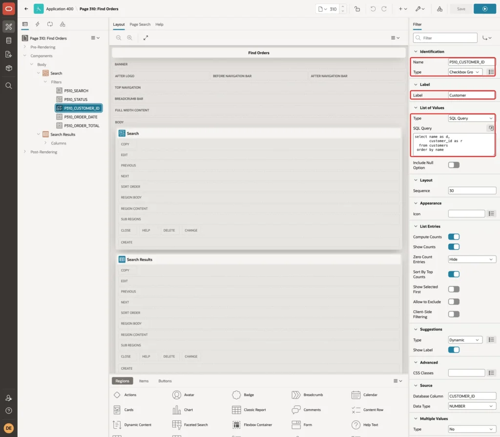 Property Editor of P310_CUSTOMER_ID with Name, Type Checkbox Group, Label Customer and the SQL Query list of values marked with red boxes