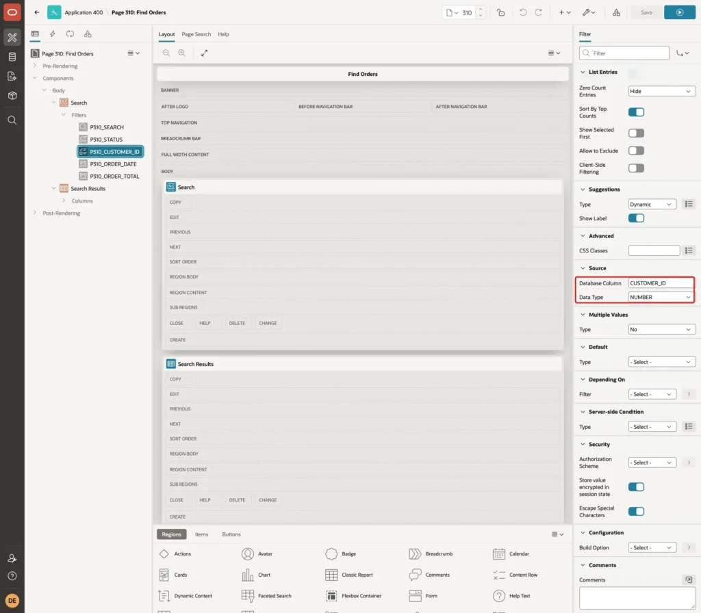 Source group of P310_CUSTOMER_ID with Database Column CUSTOMER_ID and Data Type NUMBER marked with a red box