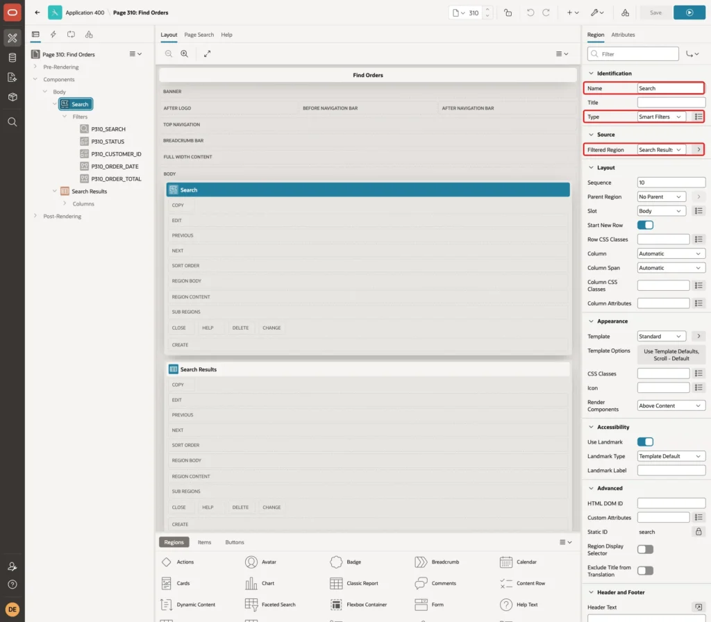 Page Designer with the Search region selected, Type Smart Filters and Filtered Region Search Results marked with red boxes