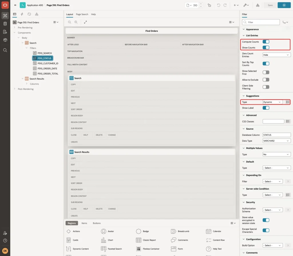 Property Editor of P310_STATUS with Compute Counts, Show Counts and Suggestions Type Dynamic marked with red boxes