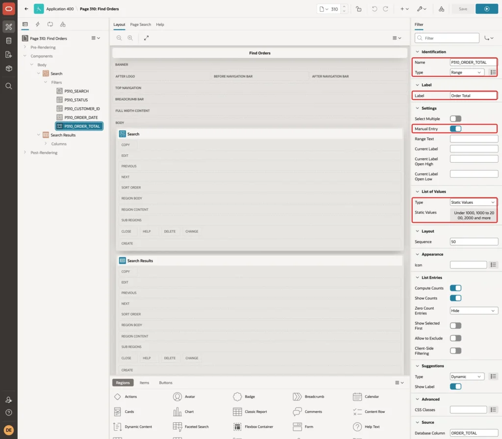 Property Editor of P310_ORDER_TOTAL with Name, Type Range, Label Order Total, Manual Entry on and Static Values marked with red boxes