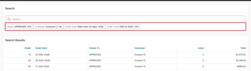 Find Orders page with suggestion chips Status APPROVED (51), Customer Customer 2 (4), Order Date Older than 30 days (125) and Order Total 1000 to 2000 (75) marked with a red box