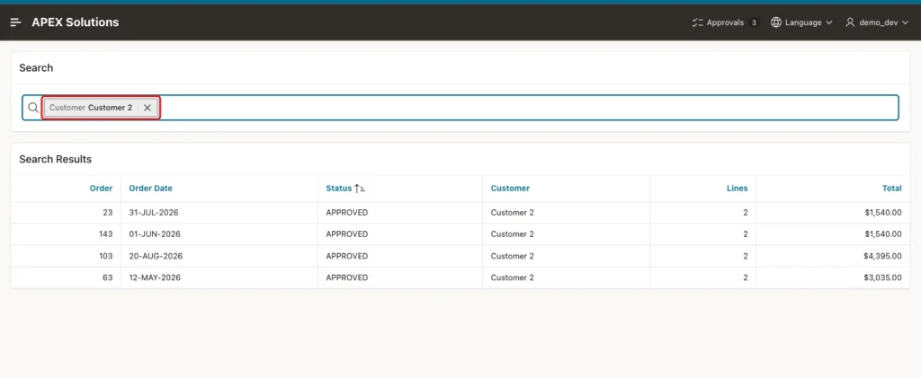 Report filtered by the chip Customer Customer 2 showing four orders, chip marked with a red box