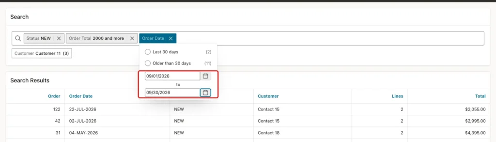 Order Date filter with the manual range 09/01/2026 to 09/30/2026 marked with a red box