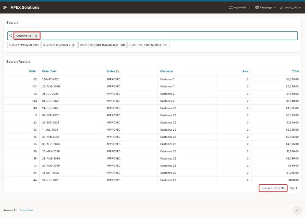 Report with the search chip Customer 2 and row(s) 1 - 15 of 33 marked with red boxes