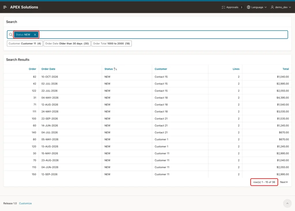 Report filtered by the chip Status NEW with row(s) 1 - 15 of 36 marked with red boxes