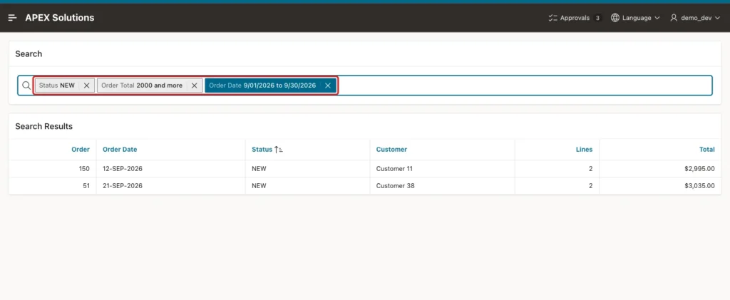 Report with chips Status NEW, Order Total 2000 and more and Order Date 9/01/2026 to 9/30/2026 marked with a red box, showing orders 150 and 51