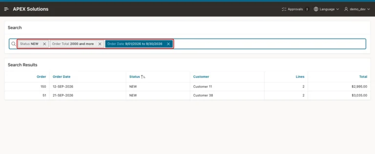 Report with chips Status NEW, Order Total 2000 and more and Order Date 9/01/2026 to 9/30/2026 marked with a red box, showing orders 150 and 51