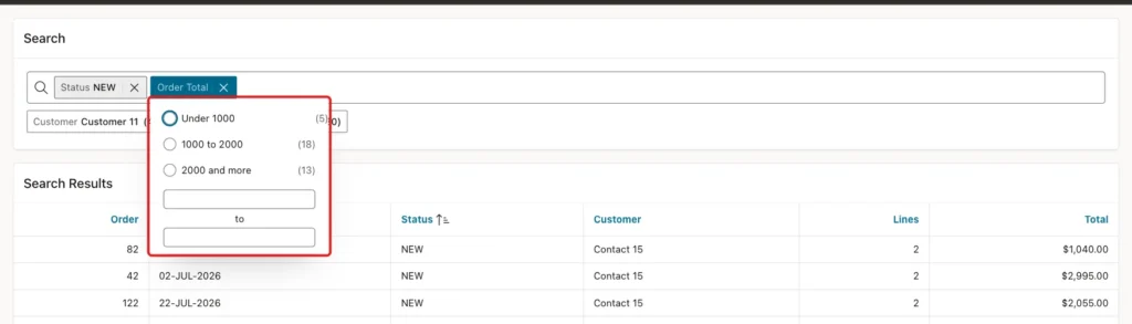 Order Total filter list with Under 1000 (5), 1000 to 2000 (18), 2000 and more (13) and empty from and to fields marked with a red box