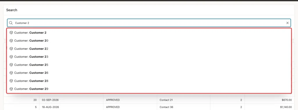 Search bar with Customer 2 typed and a list of suggestions Customer: Customer 2, Customer 20, Customer 22 and more marked with a red box