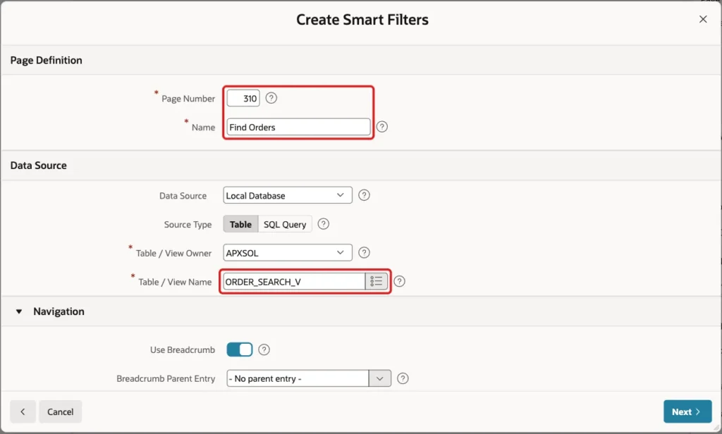 Create Smart Filters wizard with Page Number 310, Name Find Orders and Table / View Name ORDER_SEARCH_V marked with red boxes