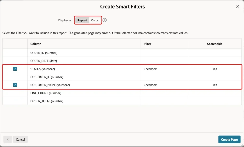 Second wizard screen with Display as Report and the STATUS and CUSTOMER_NAME rows marked with red boxes