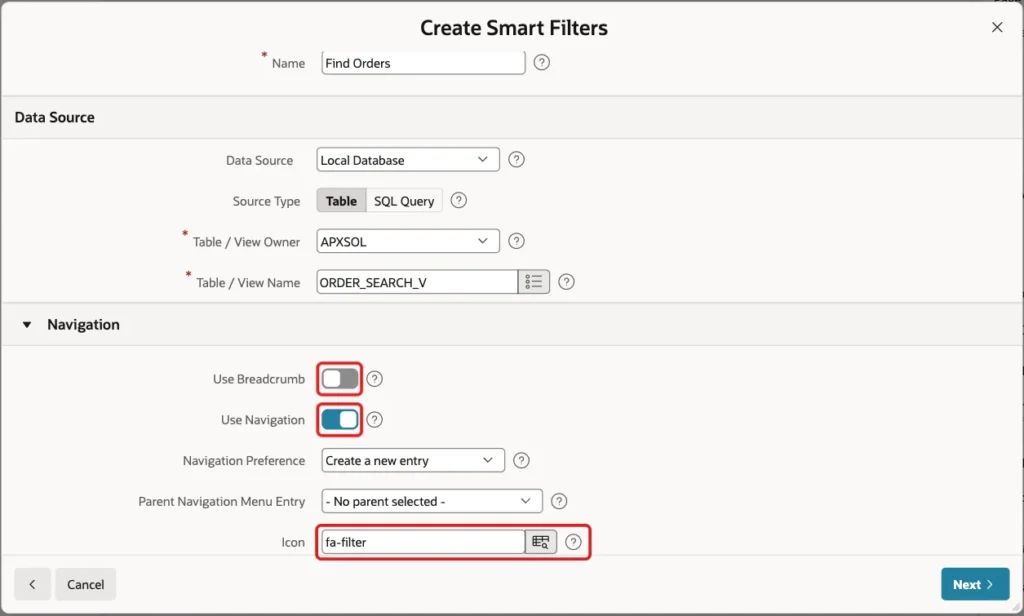 Navigation section of the wizard with Use Breadcrumb off, Use Navigation on and Icon fa-filter marked with red boxes