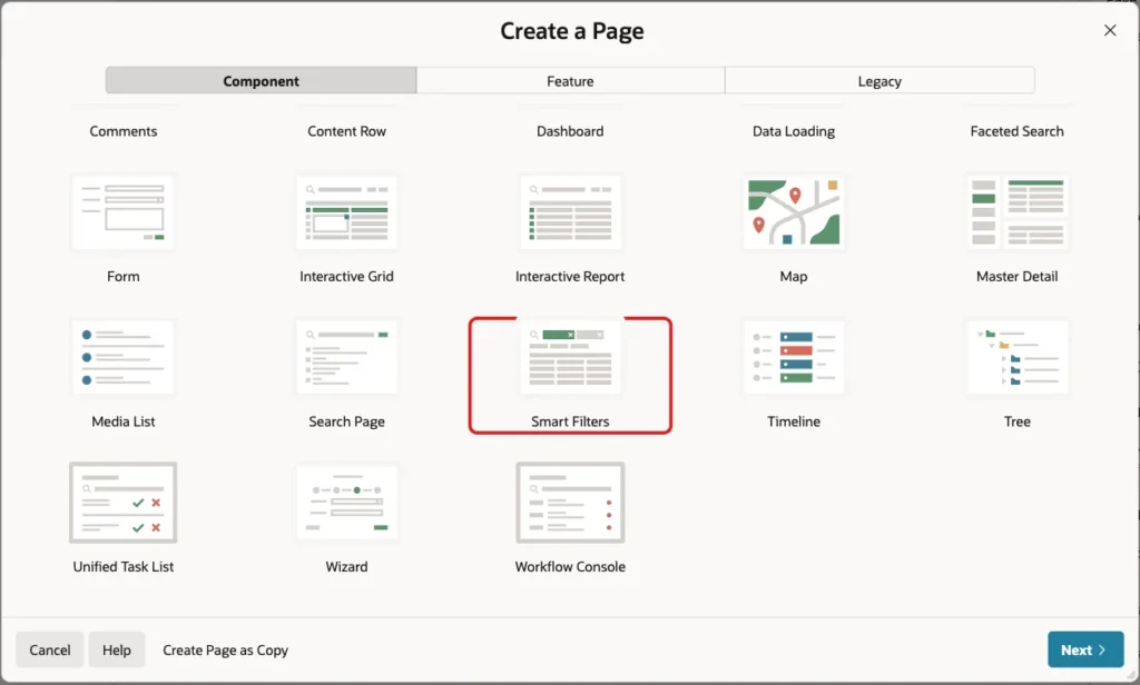 Create a Page dialog with the Smart Filters tile marked with a red box