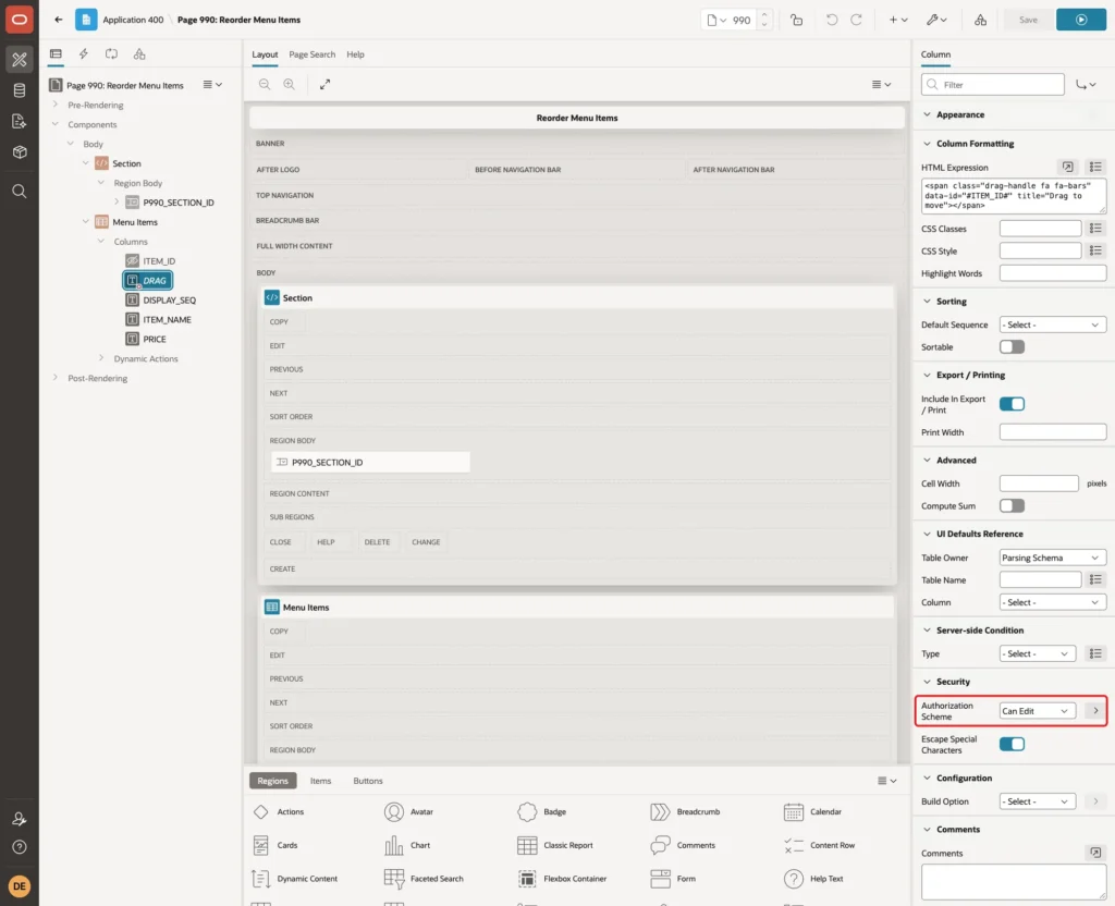 Security group of the DRAG column with Authorization Scheme Can Edit marked with a red box