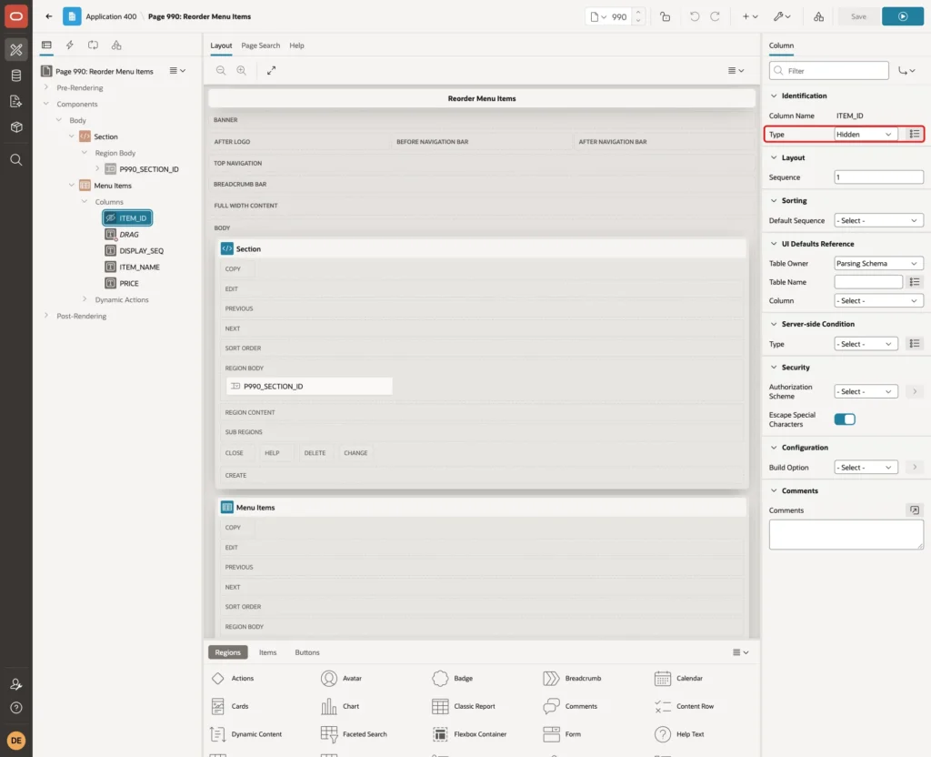 Column ITEM_ID with Type Hidden marked with a red box