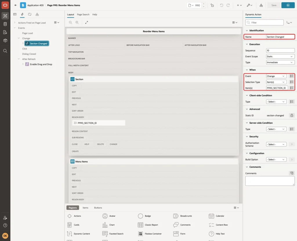 Dynamic action Section Changed with Event Change, Selection Type Item(s) and Item P990_SECTION_ID marked with red boxes