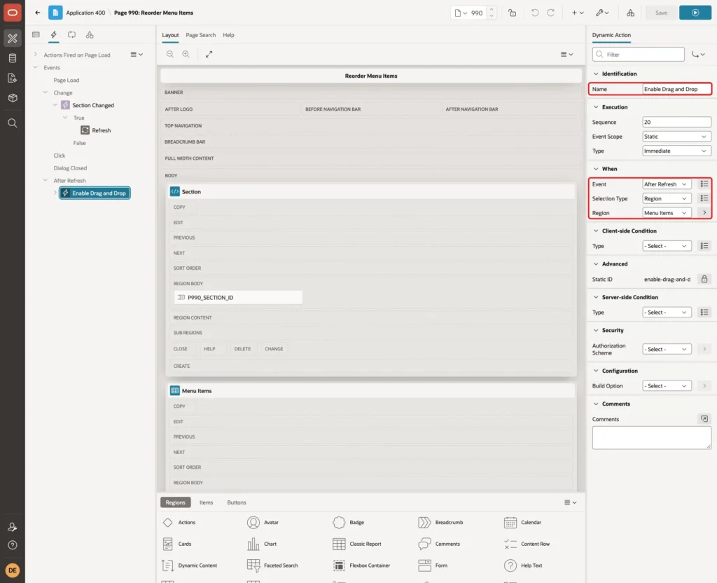 Dynamic action Enable Drag and Drop with Event After Refresh, Selection Type Region and Region Menu Items marked with red boxes