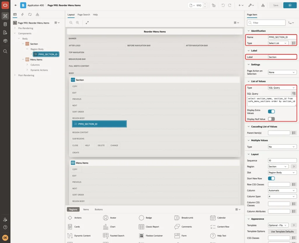 Page item P990_SECTION_ID with Name, Type Select List, Label Section and the List of Values settings marked with red boxes