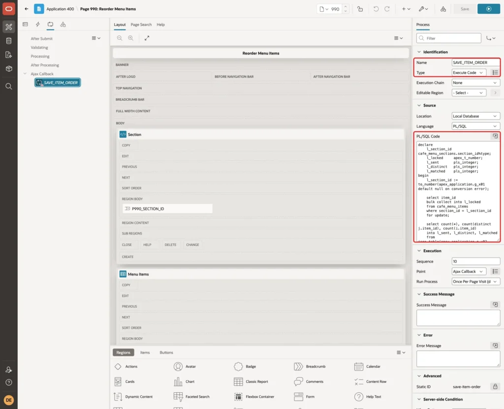 Ajax Callback process SAVE_ITEM_ORDER with Name, Type Execute Code and the PL/SQL Code marked with red boxes