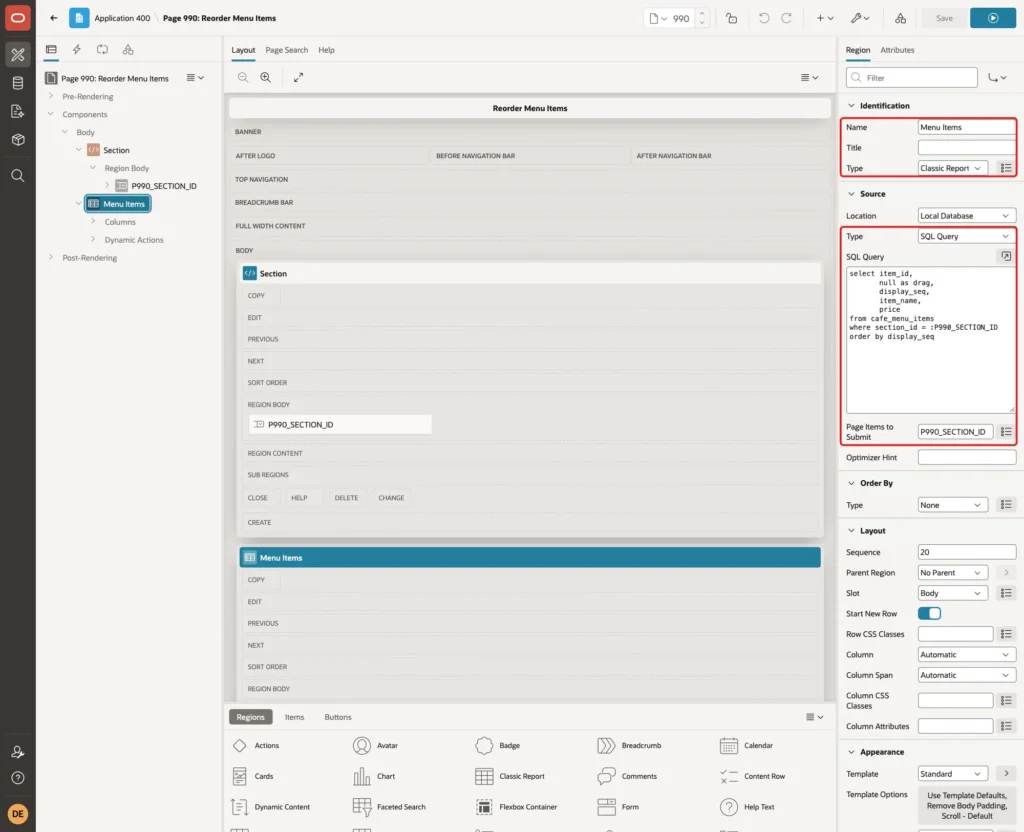 Classic report Menu Items with Name, Type Classic Report, Source Type SQL Query, the query and Page Items to Submit P990_SECTION_ID marked with red boxes