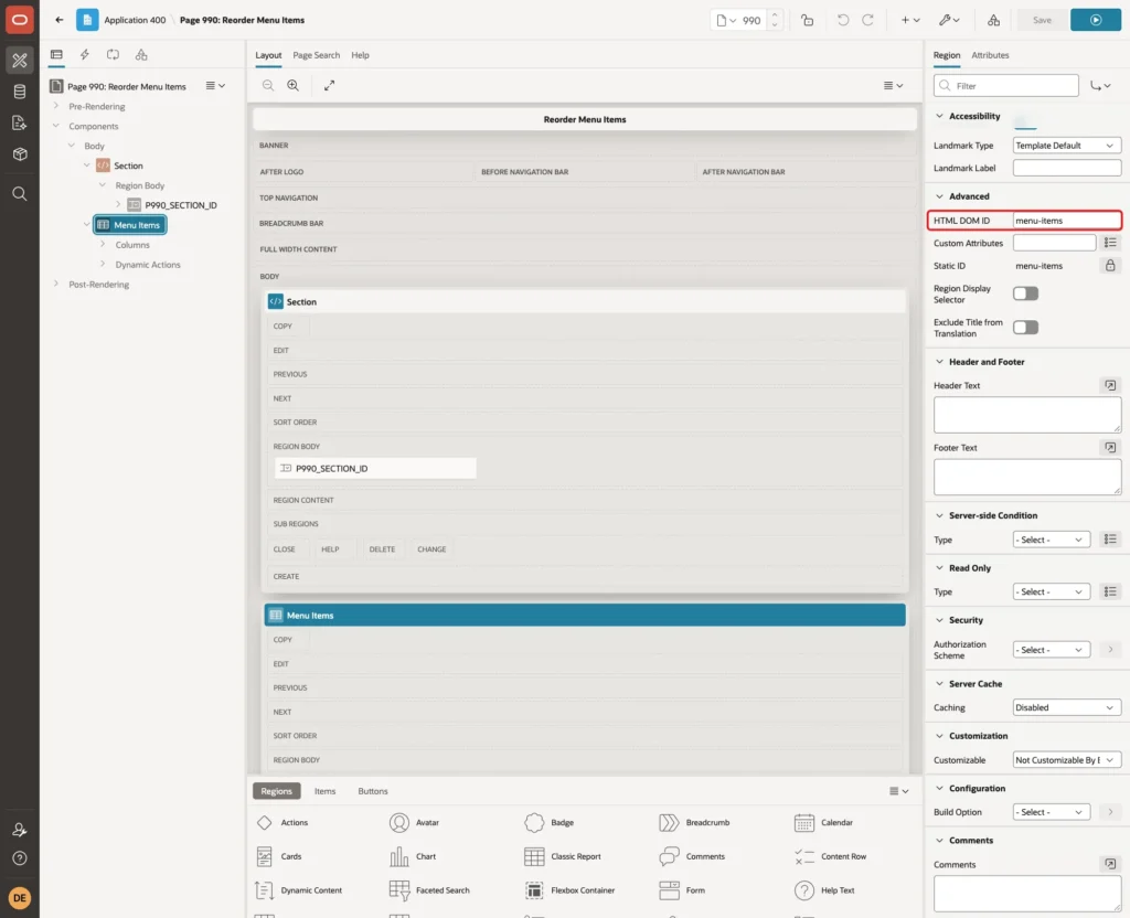 Advanced group of the Menu Items region with HTML DOM ID menu-items marked with a red box
