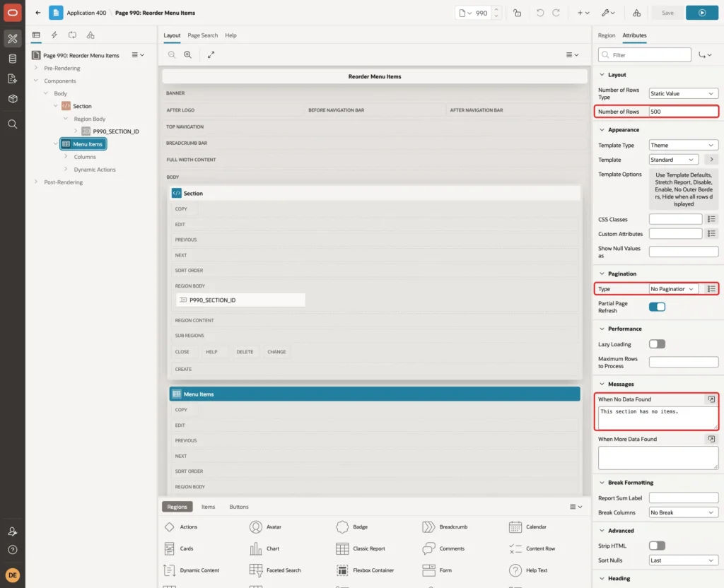 Attributes tab of the report with Number of Rows 500, Pagination Type No Pagination and When No Data Found marked with red boxes