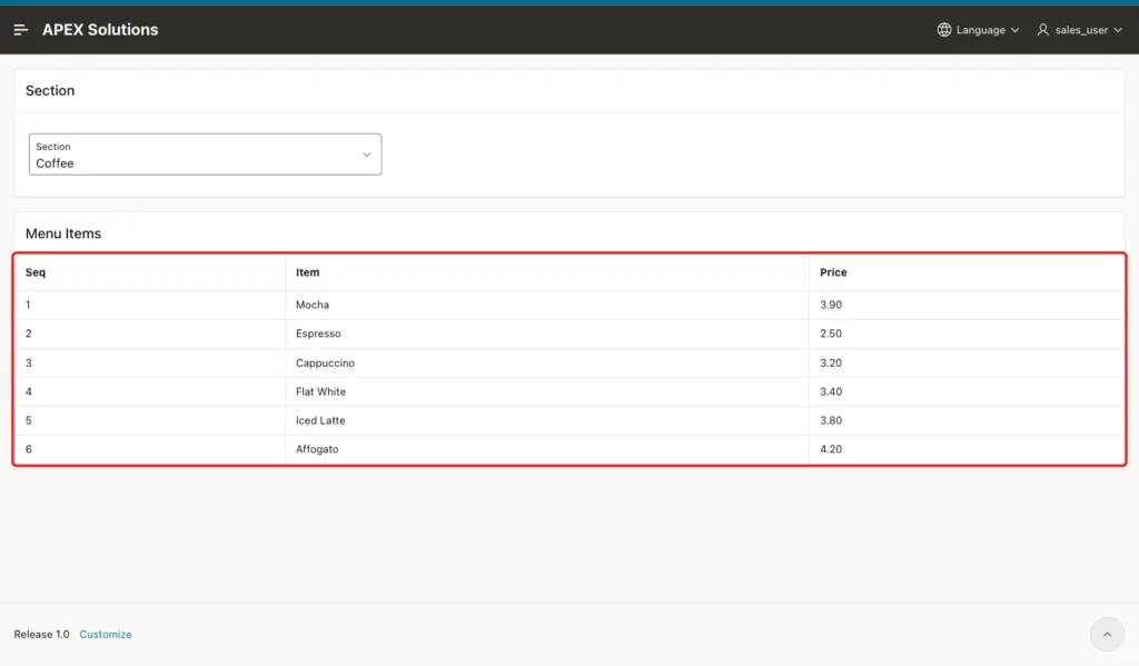 Reorder Menu Items page for a reader with only the Seq, Item and Price columns, marked with a red box