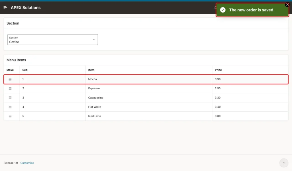 Success message The new order is saved and the Mocha row with Seq 1 marked with red boxes