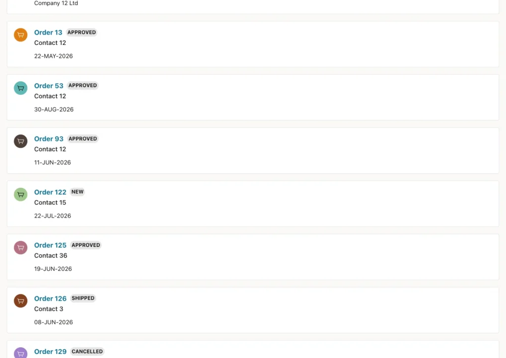 Oracle APEX Search results for contact 12 with the customer Contact 12 and orders 13, 53, 93 and 122 with status badges