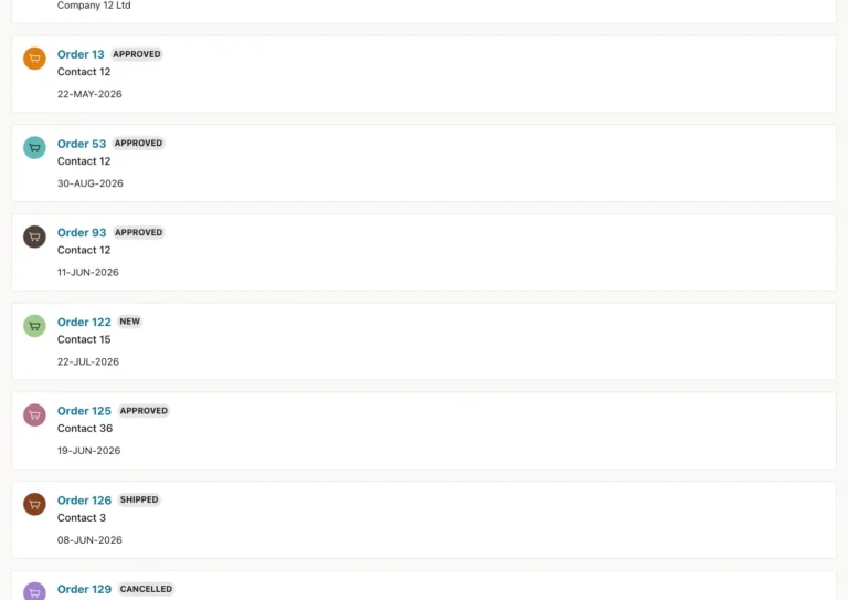 Oracle APEX Search results for contact 12 with the customer Contact 12 and orders 13, 53, 93 and 122 with status badges