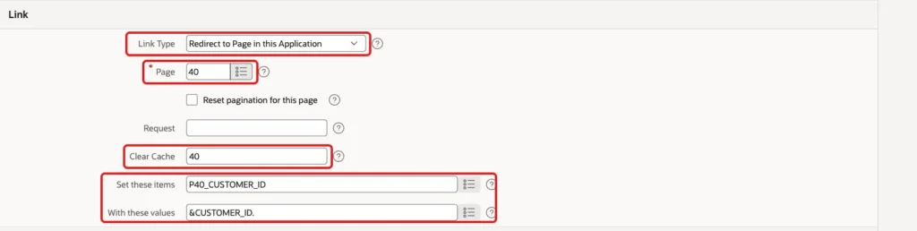 Edit Search Configuration Link section with Link Type Redirect to Page in this Application, Page 40, Clear Cache 40 and P40_CUSTOMER_ID set to &CUSTOMER_ID. marked with red boxes