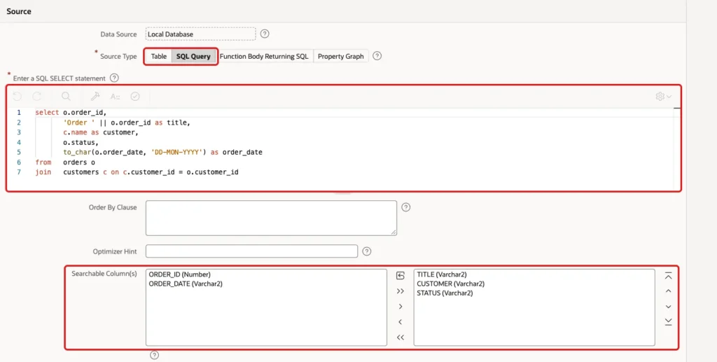Edit Search Configuration Orders with Source Type SQL Query, the SQL statement and Searchable Columns TITLE, CUSTOMER and STATUS marked with red boxes
