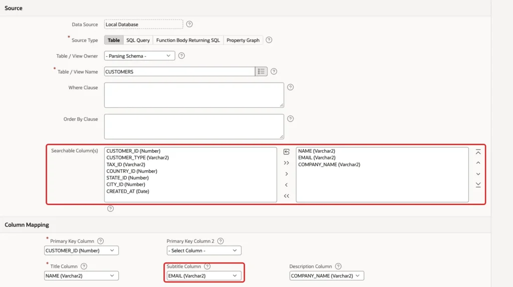 Edit Search Configuration page with Searchable Columns NAME, EMAIL and COMPANY_NAME and Subtitle Column EMAIL marked with red boxes