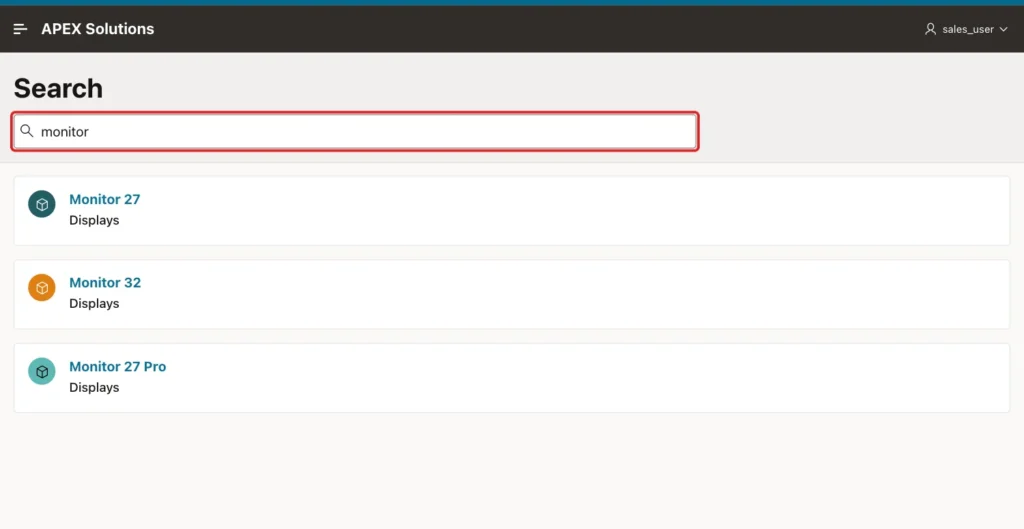 Oracle APEX Search page with monitor in the search field marked with a red box and the results Monitor 27, Monitor 32 and Monitor 27 Pro