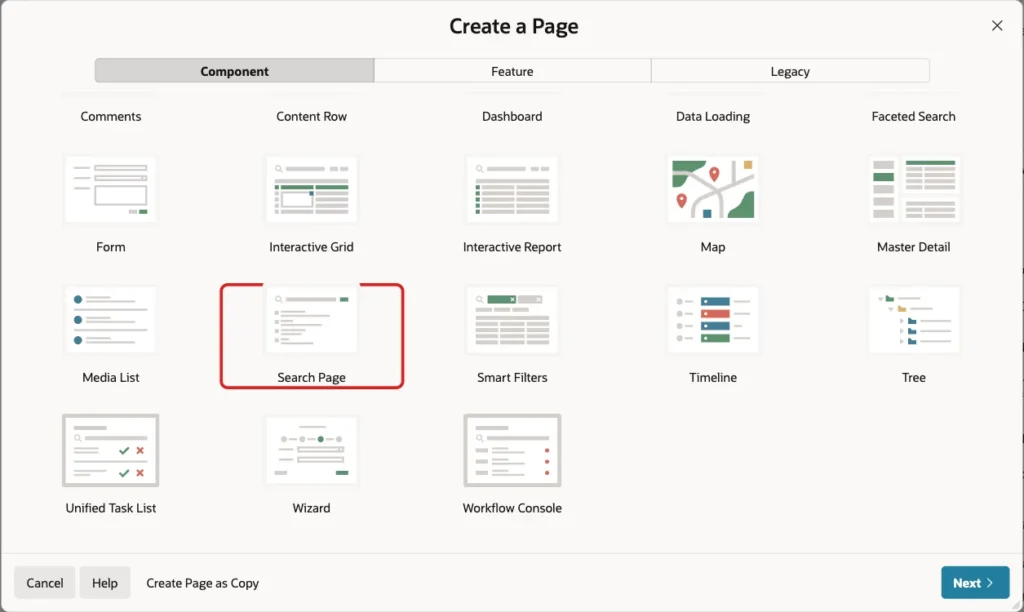 Create a Page dialog with the Search Page page type marked with a red box
